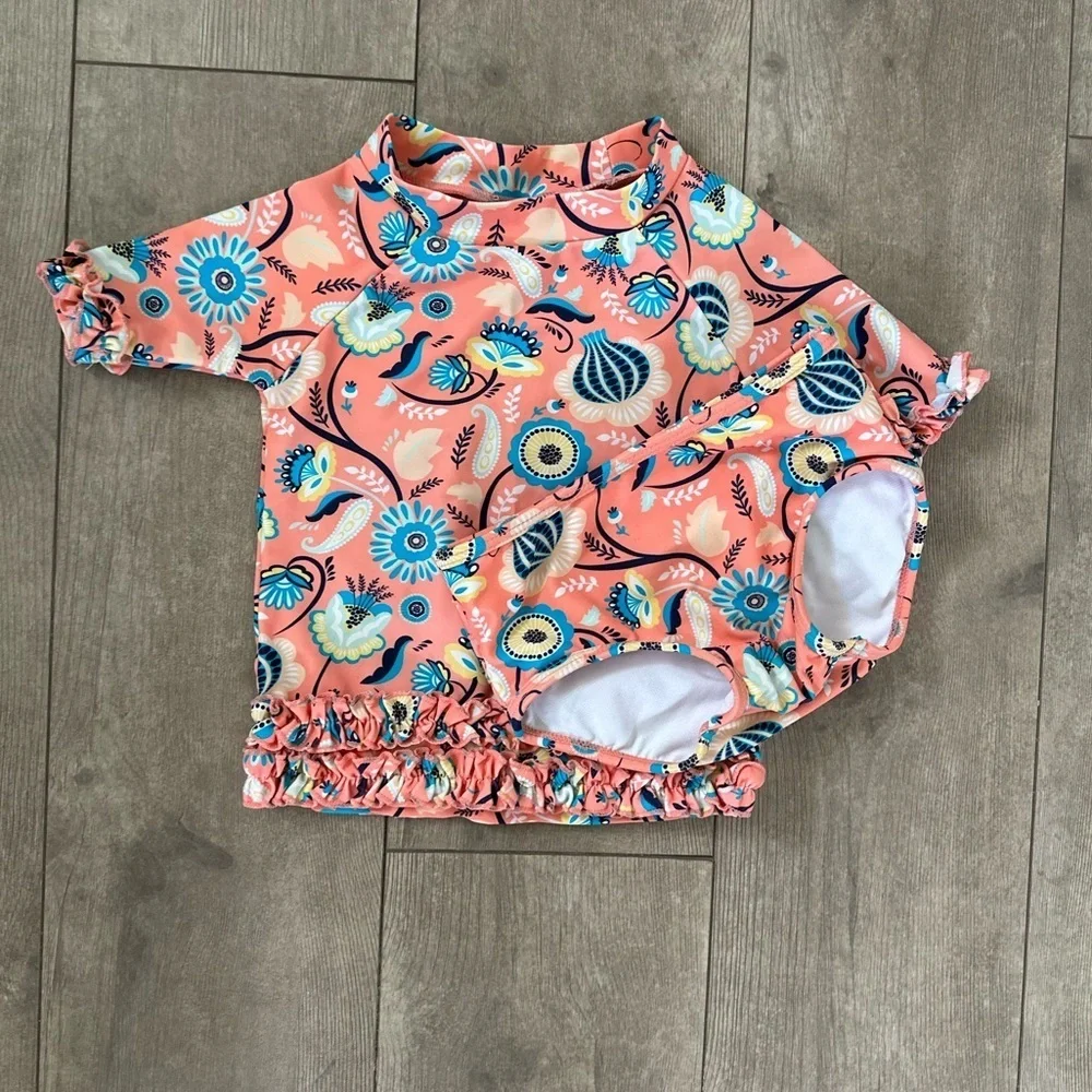 RuffleButts Paisley Paradise Two-Piece Rashguard Swimsuit Size 18-24 months